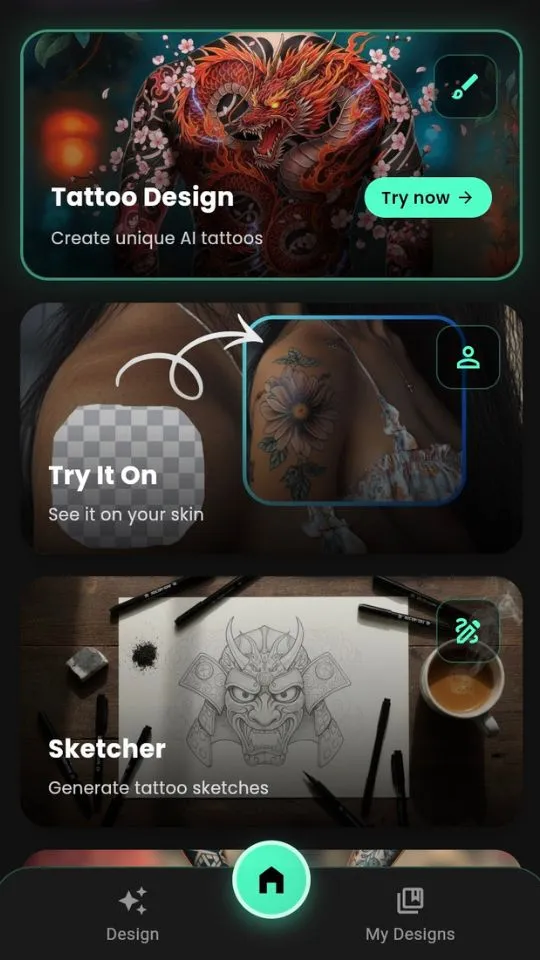 INKAI AI Tattoo Generator App Preview showing custom tattoo design interface