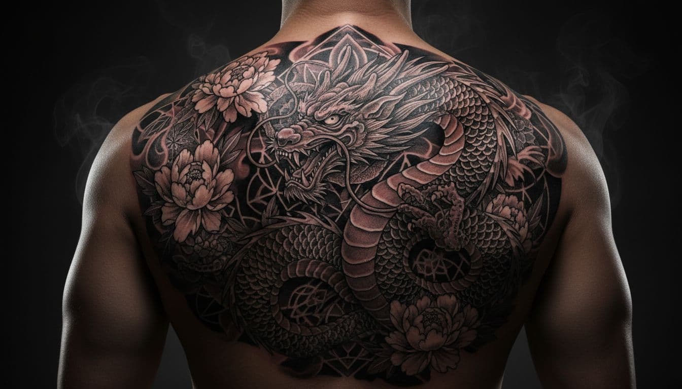 AI generated tattoo artwork β dragon with sacred geometry and peonies